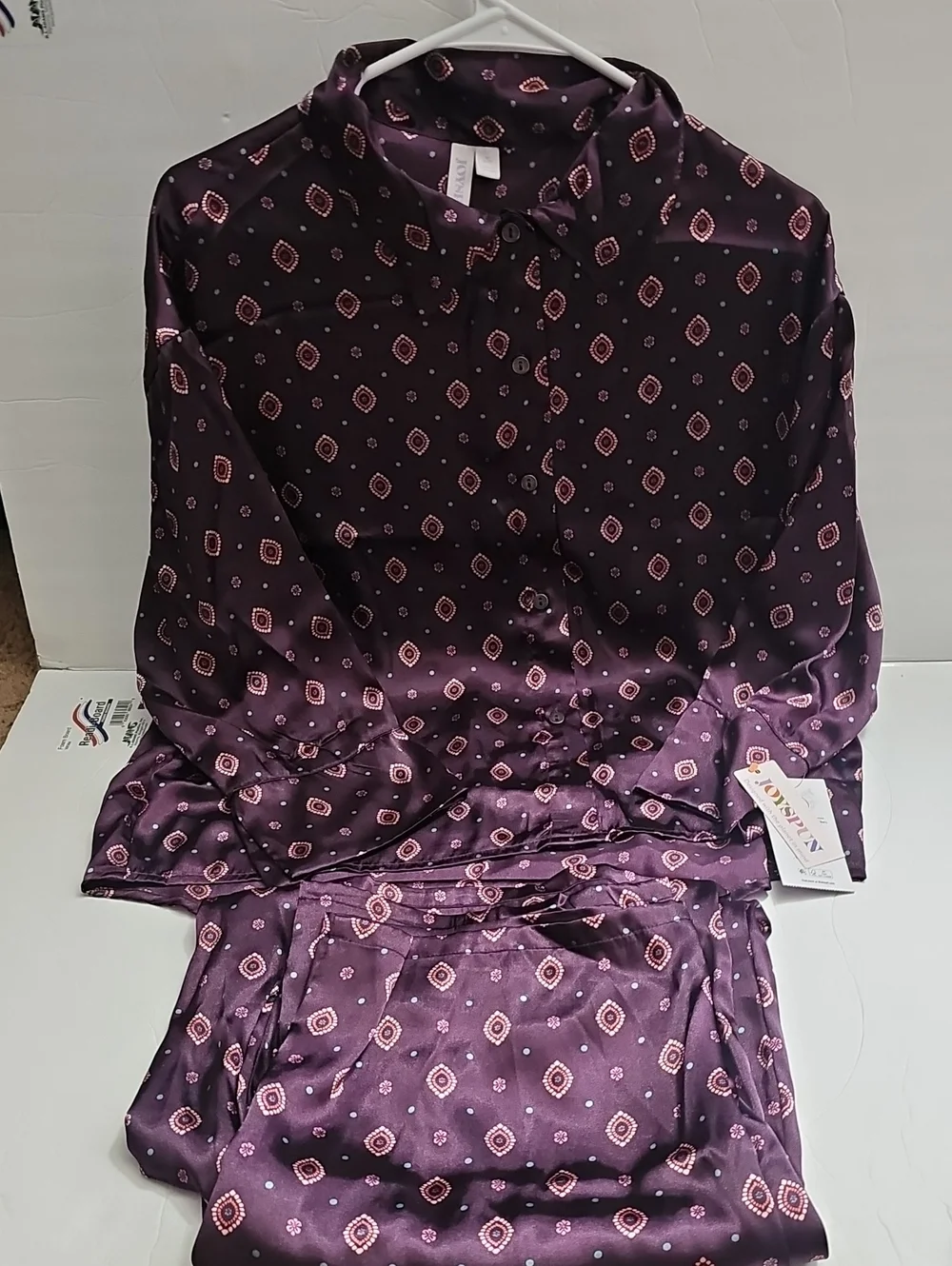 Purple Satin Pajama Set with Geometric Print